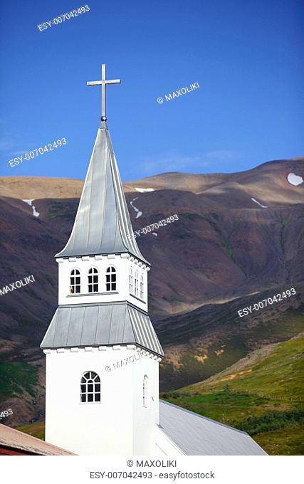 Small white church, Iceland. Summer day. Vertical view