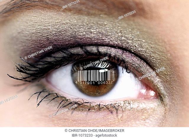 Woman's eye with a barcode, transparent person, population census