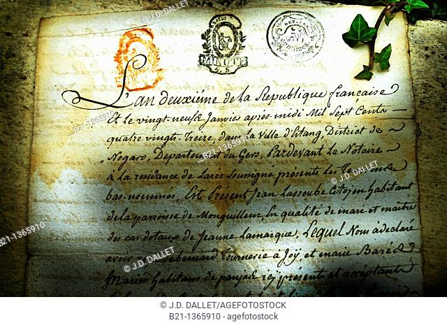 Official paper with the name of Joÿ from year 1793 (year II of the Republique), Domaine de Joÿ wines and armagnac estate at Panjas, Gers, Midi-Pyrenees, France