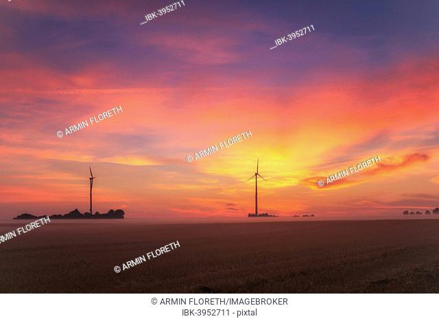 Windmills at sunrise, Limburg an der Lahn, Hesse, Germany