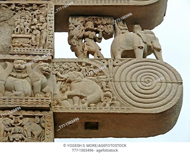 Carved sculpture at Purvi Toran Dwar, East gate, Stupa No. One, Sanchi, Madhya pradesh, India
