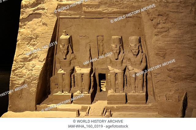 A photograph taken of the Abu Simbel Temple, in Nubia, Southern Egypt, near the border with Sudan. The complex is a UNESCO World Heritage Site