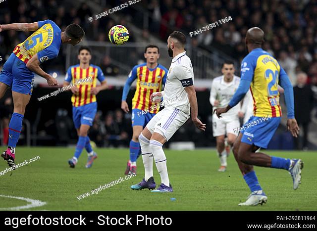 Madrid Spain; 02.02.2023.- Real Madrid player Karim Benzema (R) and Valencia player Paulista (L). Real Madrid vs. Valencia FC