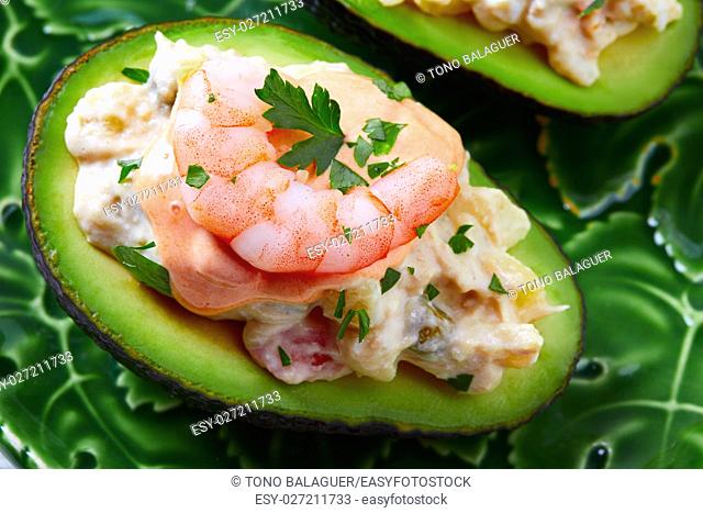 Seafood filled avocado with shrimps tapas pinchos from Spain food recipes