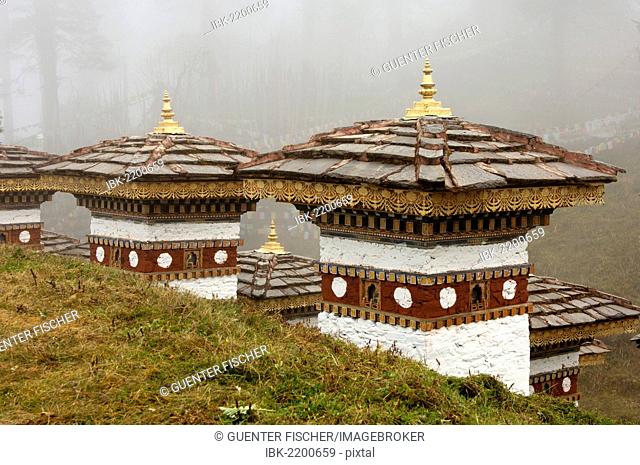 Memorial stupas of the 108 Druk Wangyal Khangzang Chortens on the Dochula Pass between Thimphu and Punakha, Bhutan, Asia