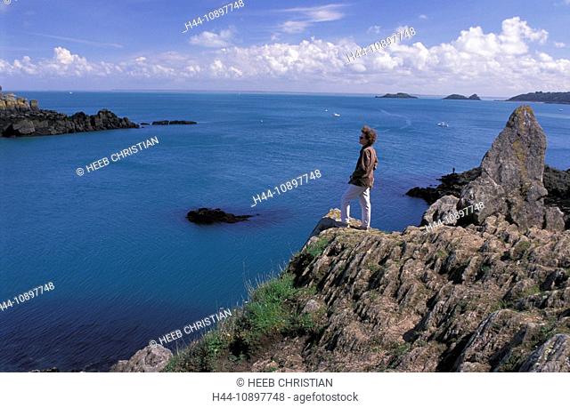 Woman, Pointe de Grovin, near Cancale, Brittany, Bretagne, France, Europe, sea