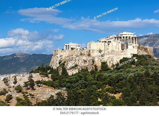 Greece, Central Greece Region, Athens, elevated Acropolis view from Pnyx Hill