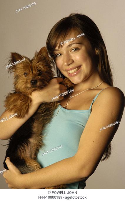 brown hair, dog, girls, Laughing, long hair, portraits, studio, teenager, top, woman, Yorkshire terrier, youngsters