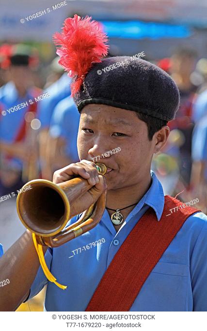 Bugle players Trumpet musician of school music band, Namdapha Eco Cultural Festival, Miao, Arunachal Pradesh, India
