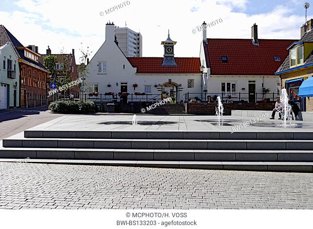 residential buildings, square with stairs and fountain in the old town of Zandvoort, Netherlands