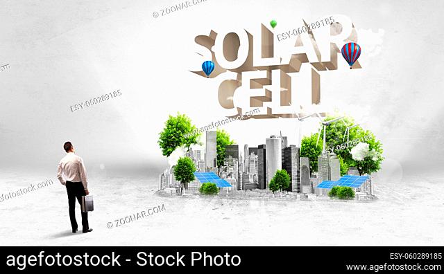 Rear view of a businessman standing in front of SOLAR CELL inscription, Environmental protection concept