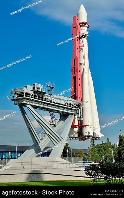Moscow, Russia - august 12, 2019: Vostok rocket and launcher at the Exhibition of achievements of the national economy, All-Russian Exhibition Center