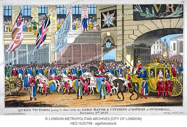 Royal procession passing Temple Bar, London, 1837. Scene showing Queen Victoria's carriage passing under Temple Bar on her way to dine with the Lord Mayor and...
