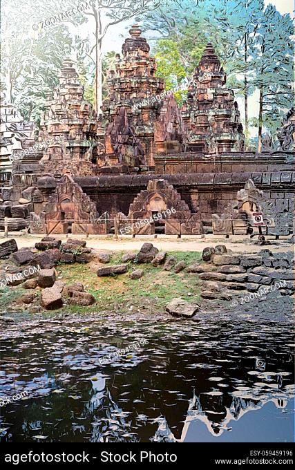 The photo turns into a picture- Banteay Srey Temple ruins (Xth Century) , Siem Reap, Cambodia
