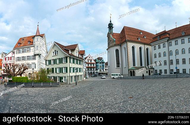 St. Gallen, SG / Switzerland - April 8, 2019: the view from the historic St. Gallus Square in the Swiss city of Sankt Gallen