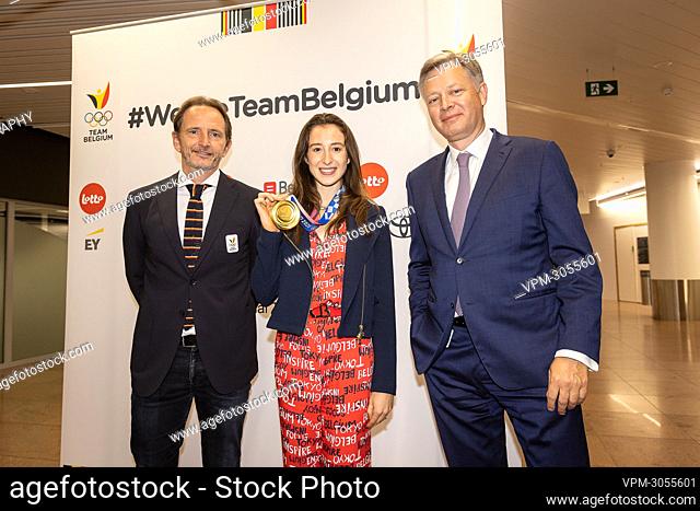 BOIC - COIB Vice-chairman Jean-Michel Saive, Belgian gymnast Nina Derwael and CEO Brussels Airport Arnaud Feist pictured during the arrival of Team Belgium...