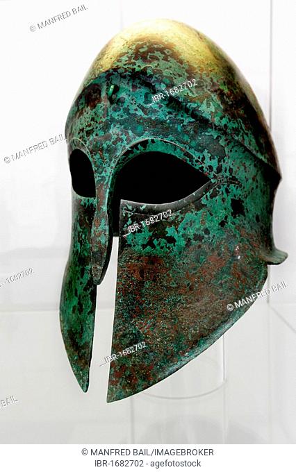 Corinthian helmet around 500 B.C.E., Antique collection, Koenigsplatz, Munich, Bavaria, Germany, Europe