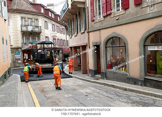 renewal of the road surface, road works, town of Aubonne, canton Vaud, Switzerland, Europe