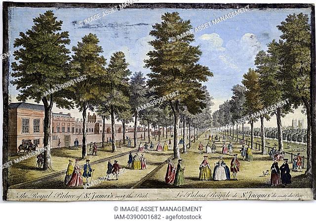 St James' Palace and Park, London, showing formal planting of trees in avenues  Men and women take the air and saunter along the walks in conversation...