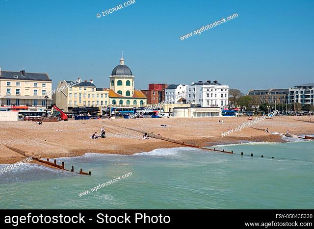 WORTHING, WEST SUSSEX/UK - APRIL 20 : View of Worthing Beach in West Sussex on April 20, 2018. Unidentified people