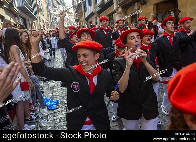Members the traditional 'Alarde de San Marcial' girls show their joy as they parade through the streets. Irun (Spain).. June 30, 2023