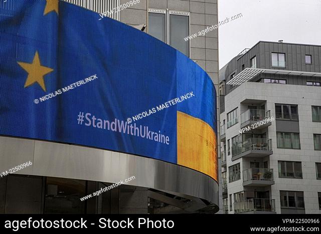 Illustration picture shows European and Ukrainian flag and during the inauguration of the Center for Ukrainian Civil Society, near the European Parliament