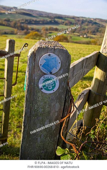 'Wessex Ridgeway' sign, footpath across farmland, near Cerne, Dorset, England, november