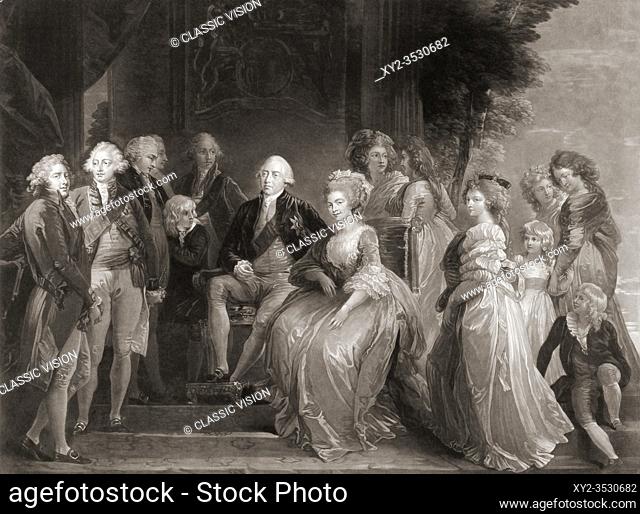 King George III and his Family. After a painting dated 1787 by Thomas Stothard. King George III of England, 1738 -1820