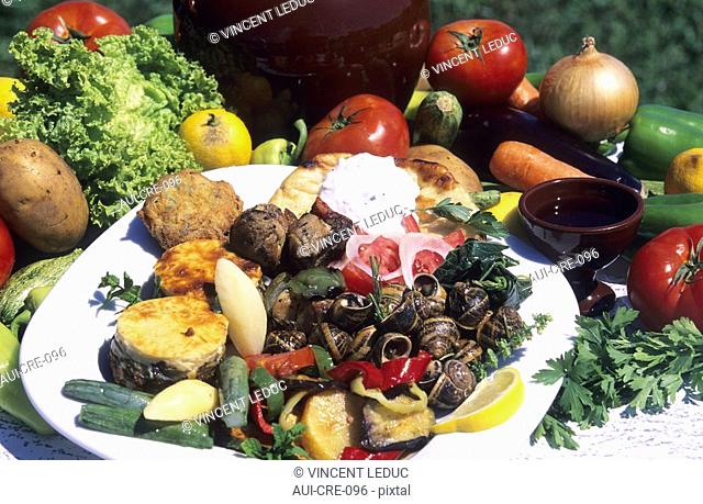 Greece - Crete - Cretan plate - Escargots, Grilled aubergine, Pita Bread, Small vegetables