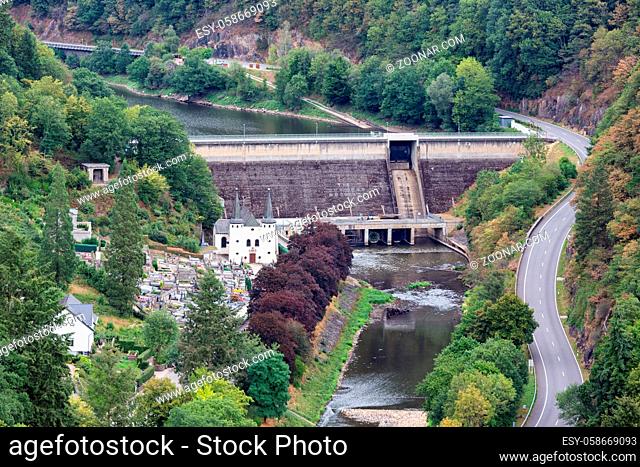Aerial view dam in river Our near Vianden in Luxembourg