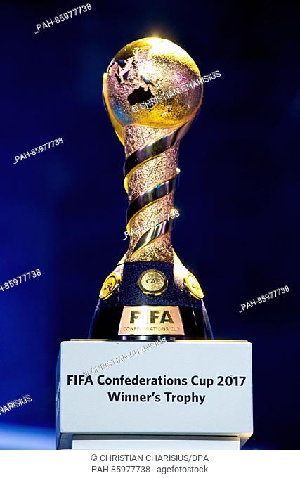 The Confed Cup 2017 trophy can be seen during a rehearsal for the drawing of the groups for the Confederations Cup 2017 at the tennis academy in Kazan, Russia
