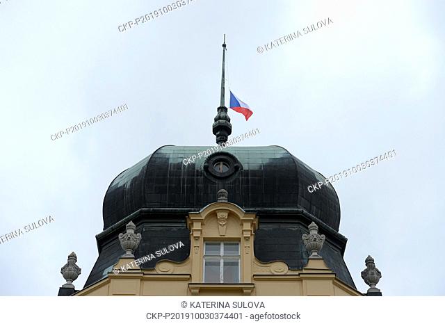 The national flag at half-mast for the death of the singer Karel Gott at the Lany chateau presidential summer residence near Prague, Czech Republic, on Thursday