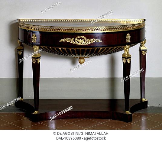 Empire style mahogany console table with chiselled and gilt caryatids and railing, ca 1810, possibly by Giovanni Socci (active 1807-1839)