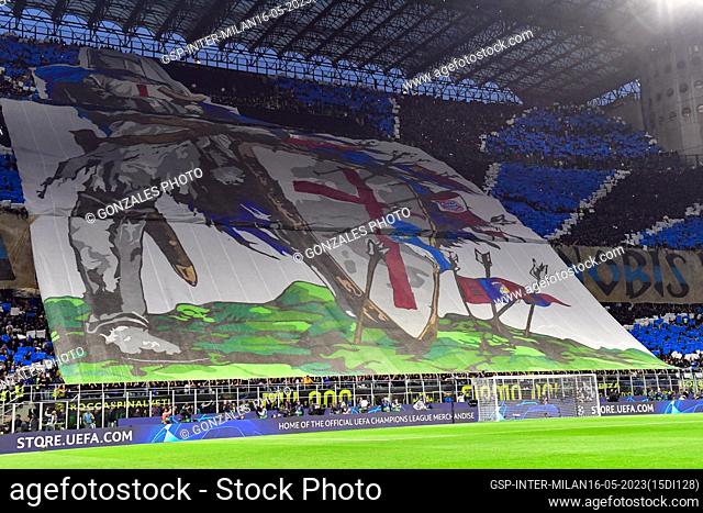 Milano, Italy. 16th, May 2023. Football fans of Inter seen on the stands with a huge tifo during the UEFA Champions League match between Inter and AC Milan at...