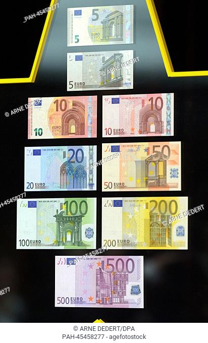 Different euro banknotes are presented in the headquarters of the European Central Bank ECB in Frankfurt Main, Germany, 13 January 2014
