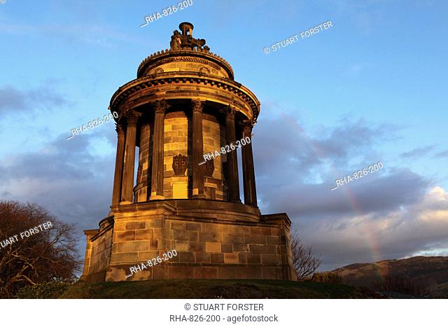 A rainbow curves over the Burns Memorial, dedicated to national poet Robbie Burns, Edinburgh, Scotland, United Kingdom, Europe