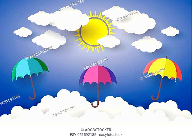 The concept is happy day, Full color umbrella in Blue sky with Sun and Cloud Paper art Style. vector Illusatration