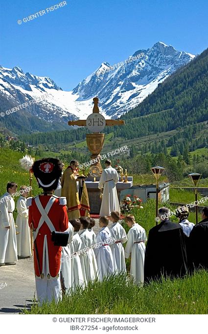 Open-air mass Corpus Christi procession Wiler Valais Switzerland