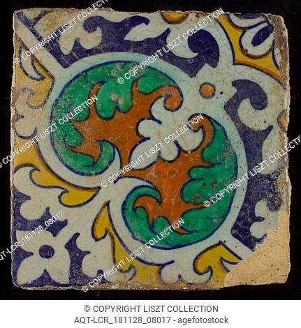 Ornament tile, central kidney-shaped green and brown floral shape, corner motifs, quarter rosette and saving technique, wall tile tile sculpture soil find...