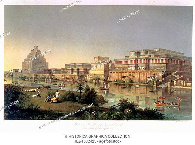 'The Palaces of Nimrud Restored', 1853. A reconstruction of the palaces built by the Assyrian King Ashurbanipal on the banks of the Tigris in the 7th century BC