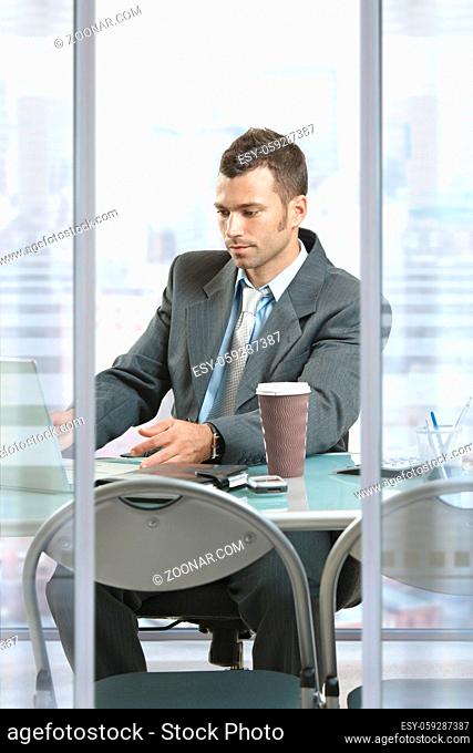 Profile portrait of businessman sitting at desk in front of office windows, using laptop computer
