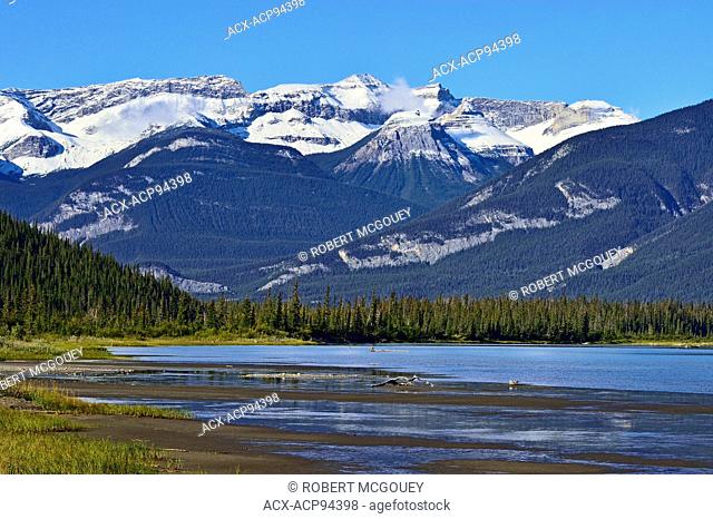 A late summer landscape image looking to the west end of Jasper Lake with snow-capped rocky mountains of Jasper National Park in the background