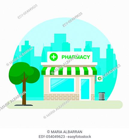 Pharmacy building in a big city. Flat design. Vector illustration
