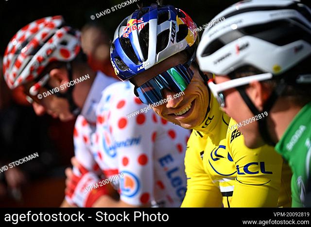 Belgian Wout Van Aert of Jumbo-Visma wearing the yellow jersey at the start of the fifth stage of 80th edition of the Paris-Nice cycling race