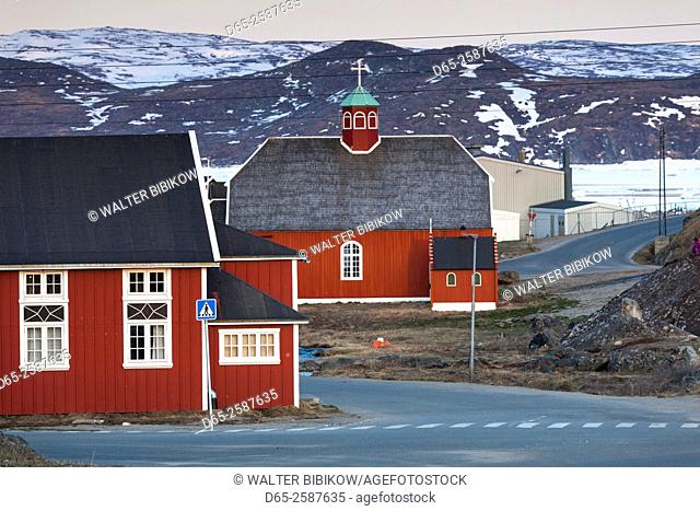 Greenland, Qaqortoq, Frelserens Kirke church, elevated view