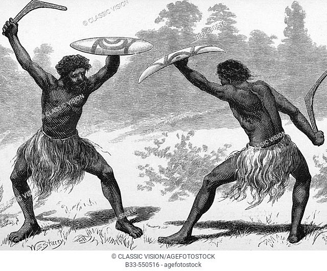 Australia. Aboriginals fighting with shields and waddies (war clubs) 1880's