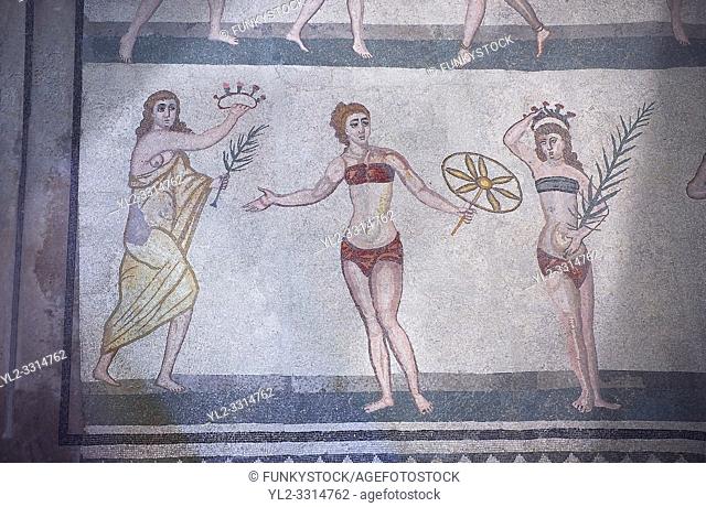 Roman mosaics of the room of the Ten Bikini Girls depicting Roman women in an athletic competition, room no 30, at the Villa Romana del Casale