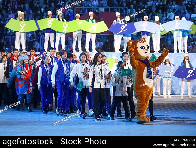 RUSSIA, KEMEROVO - MARCH 4, 2023: Athletes attend the closing ceremony of the 2nd Winter Children of Asia International Sports Games at Kuzbass Ice Palace