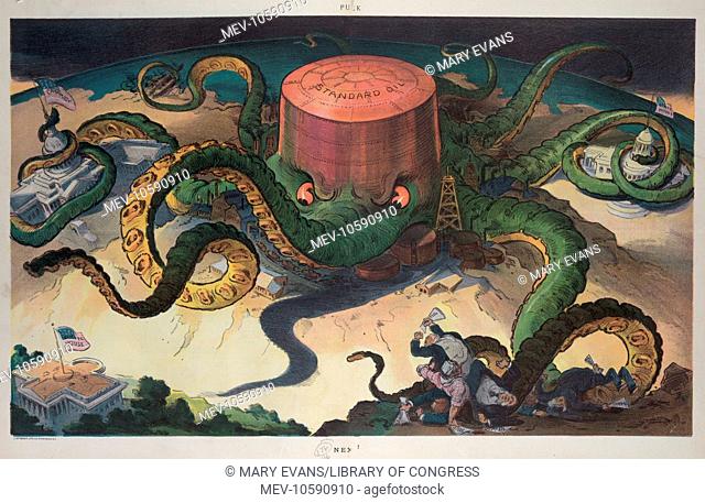 Next!. Illustration shows a Standard Oil storage tank as an octopus with many tentacles wrapped around the steel, copper, and shipping industries