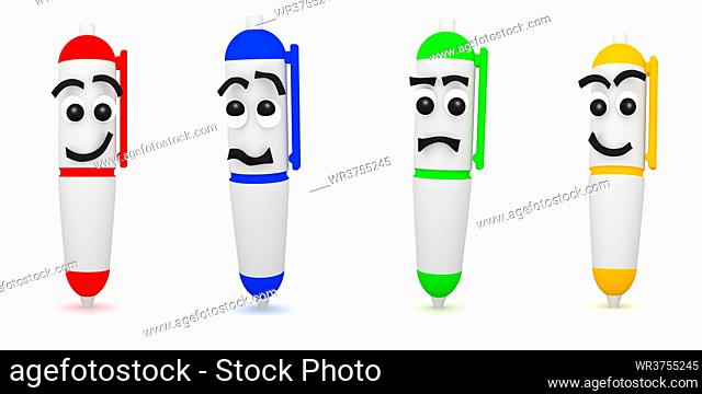 3D Rendering of four funny pens with different facial expressions on white